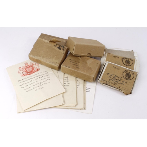 1685 - WW2 medal boxes - cardboard (6 approx) 4 unnamed, + 23 medal Presentation slips. (qty)