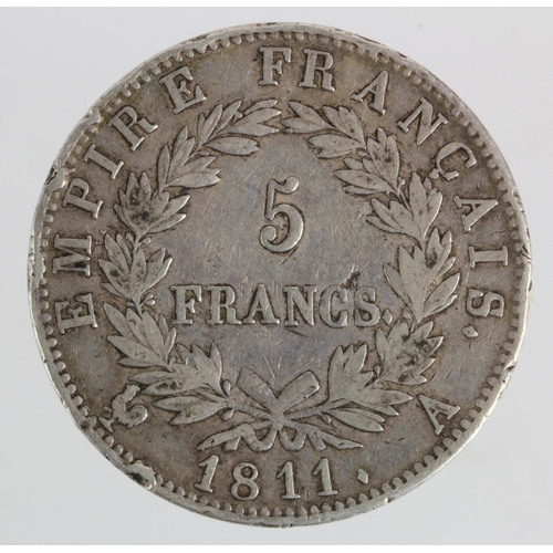 370 - France, Napoleon silver 5 Francs 1811A, GF, edge knocks.