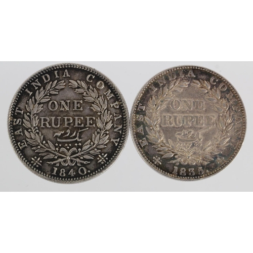 372 - India (2) East India Company silver Rupees: 1835 aEF, and 1840 large head EF small scratch.