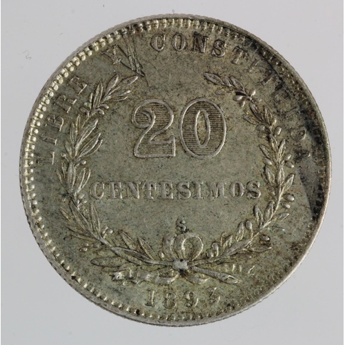 394 - Uruguay silver 20 Centisimos 1893 EF, some scratches.