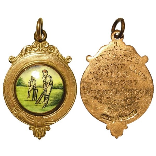 747 - Cricketing Fob, 9ct gold 6g, attractively enamelled, reverse engraved: 'St JAMES CRICKET CLUB 1926 H... 