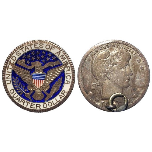 752 - Enamelled Coin: USA Barber Quarter, with the reverse nicely done, and a ring for suspension attached... 