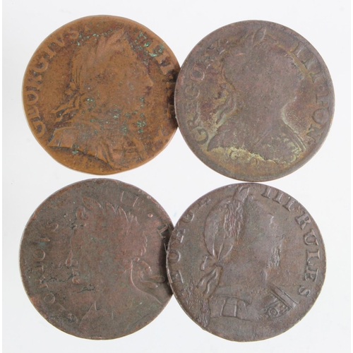 755 - Evasion 18th century tokens (various) + 1 mis-struck George III, 1775 copper halfpenny. (3)