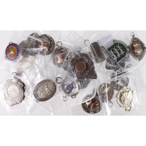 757 - Fobs & Badges (22) all hallmarked or otherwise marked silver, all British but one; some enamelled, o... 