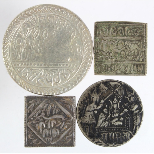 768 - Indian Temple Tokens (4) including interesting types, possible silver.