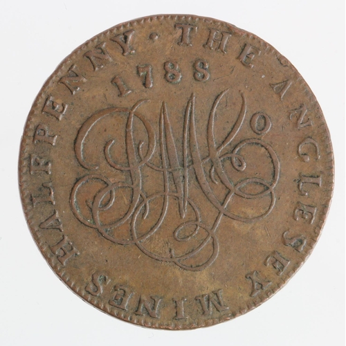 801 - Token, 18thC: The Anglesey Mines (Wales) 'Druid Head' Halfpenny 1788, edge: 'PAYABLE IN ANGLESEY LON... 