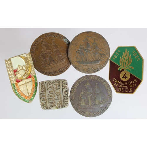 802 - Tokens & Badges (6): 2x Liverpool Halfpenny tokens 1791 'Thomas Clarke' edge VF and aEF green spots;... 