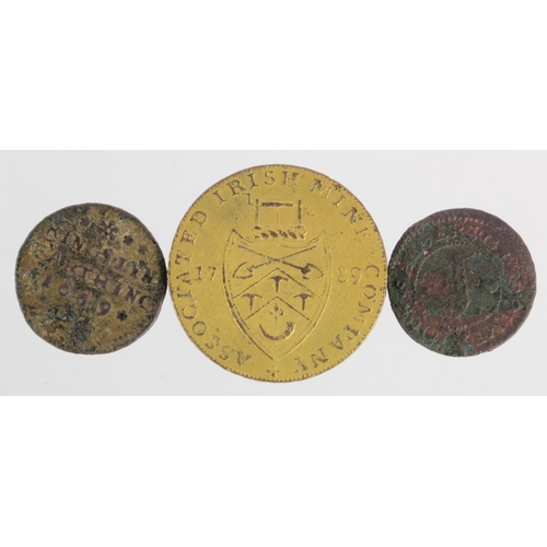 805 - Tokens (3) a Cronebane Irish Mine Halfpenny 1789 gilt VF, a Kings Lynn Farthing 1669 Fair, and anoth... 