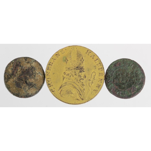 805 - Tokens (3) a Cronebane Irish Mine Halfpenny 1789 gilt VF, a Kings Lynn Farthing 1669 Fair, and anoth... 