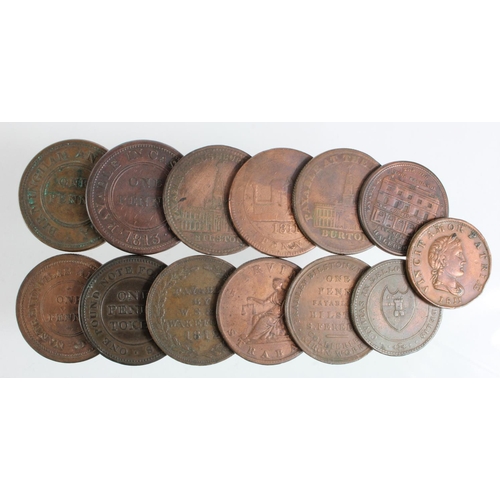 815 - Tokens, 19thC (13) copper, mostly Pennies, Fair to VF