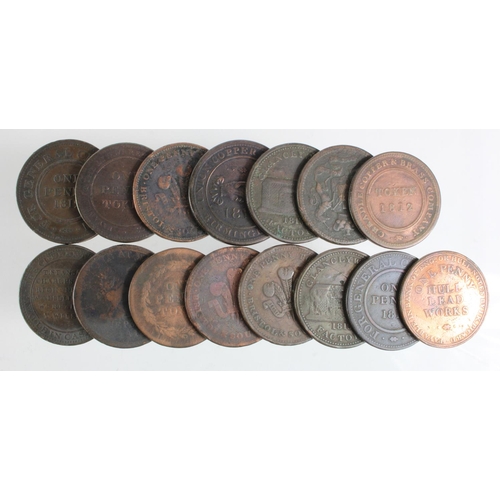 817 - Tokens, 19thC (15) copper Pennies, Fair to VF