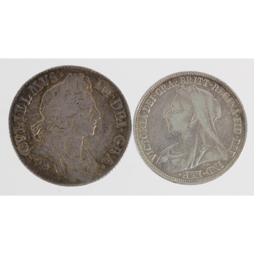 91 - Shillings (2): 1697 first bust nVF, and 1898 aVF