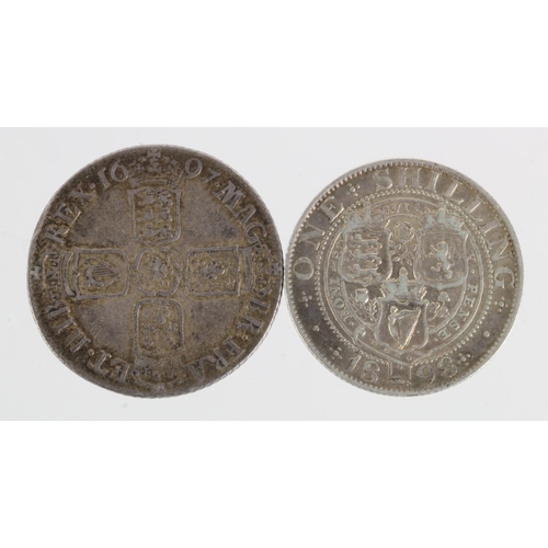 91 - Shillings (2): 1697 first bust nVF, and 1898 aVF