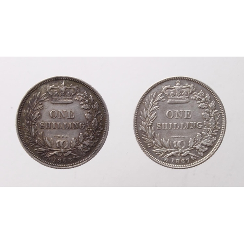 93 - Shillings (2): 1858 GVF, and 1867 die 5, slightly cleaned GVF