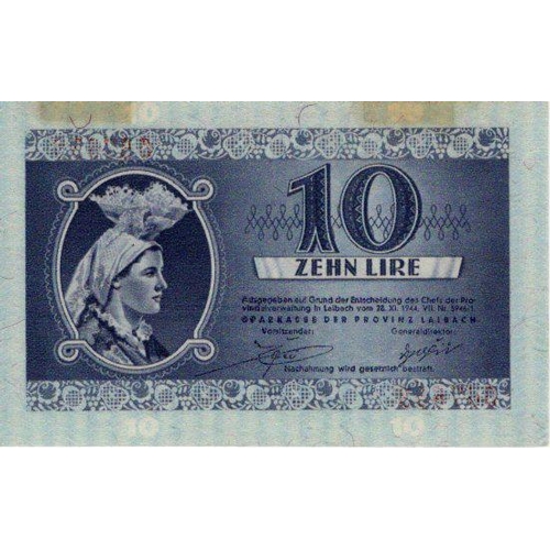 1236 - Yugoslavia 10 Lir dated 1944, Laibach Province, German Occupation WW2, serial C 067659 (PickR20) glu... 