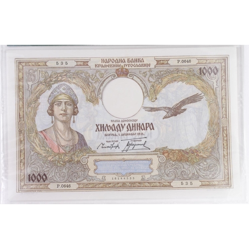 1237 - Yugoslavia 1000 Dinara dated 1st December 1931, serial P.0646 535 (Pick29) in PMG holder graded 65 E... 