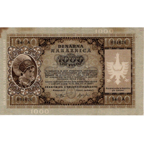 1238 - Yugoslavia 1000 Lir dated 14th September 1944, Laibach Province, German Occupation World War 2, seri... 