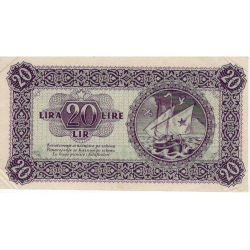 1240 - Yugoslavia 20 Lire dated 1945, State Bank for Istria, Fiume and Slovene Coastal Area, without serial... 