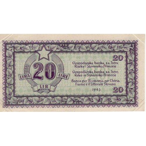 1240 - Yugoslavia 20 Lire dated 1945, State Bank for Istria, Fiume and Slovene Coastal Area, without serial... 