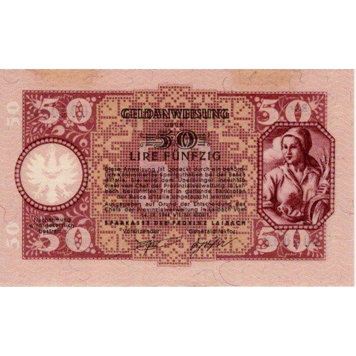 1244 - Yugoslavia 50 Lir dated 1944, Laibach Province, German Occupation WW2, serial A 004092 (PickR21) glu... 