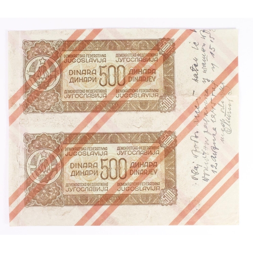 1246 - Yugoslavia 500 Dinara dated 1944, very rare reverse proof of 2 notes with handwritten text at right ... 