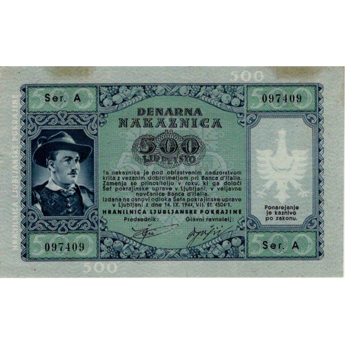 1247 - Yugoslavia 500 Lir dated 14th September 1944, Laibach Province, German Occupation World War 2, seria... 