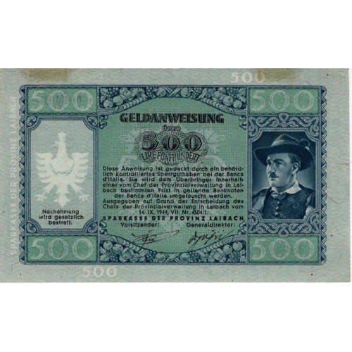 1247 - Yugoslavia 500 Lir dated 14th September 1944, Laibach Province, German Occupation World War 2, seria... 