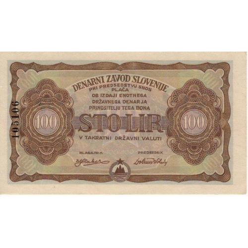 1253 - Yugoslavia Slovenia Monetary Bank 100 Lir dated 20th February 1944, serial No. 105106 (PickS117) lig... 