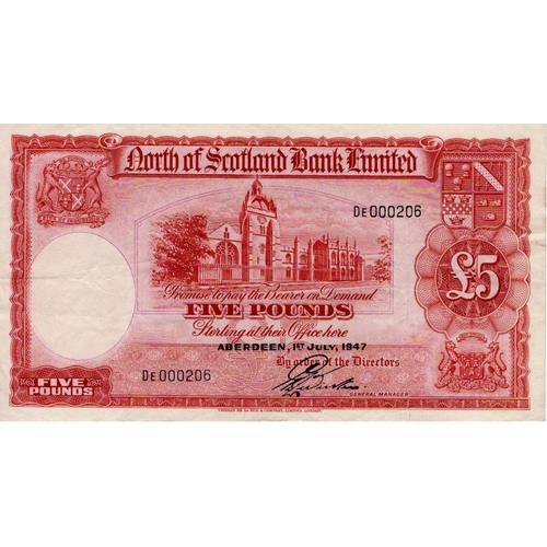 634 - Scotland, North of Scotland Bank 5 Pounds dated 1st July 1947, signed G.L. Webster, serial DE 000206... 