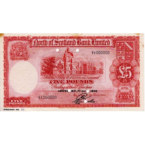 635 - Scotland, North of Scotland Bank 5 Pounds dated 1st July 1949, rare SPECIMEN note signed G.L. Webste... 