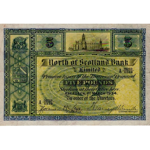 636 - Scotland, North of Scotland Bank 5 Pounds dated 1st March 1934, signed Harvey Smith and handsigned b... 