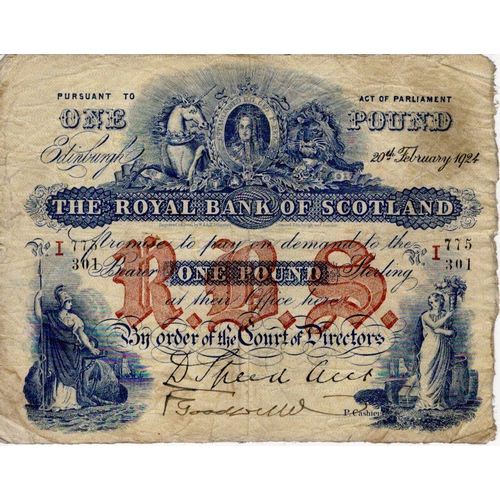 638 - Scotland, Royal Bank of Scotland 1 Pound dated 20th February 1924, early date, signed David Speed an... 