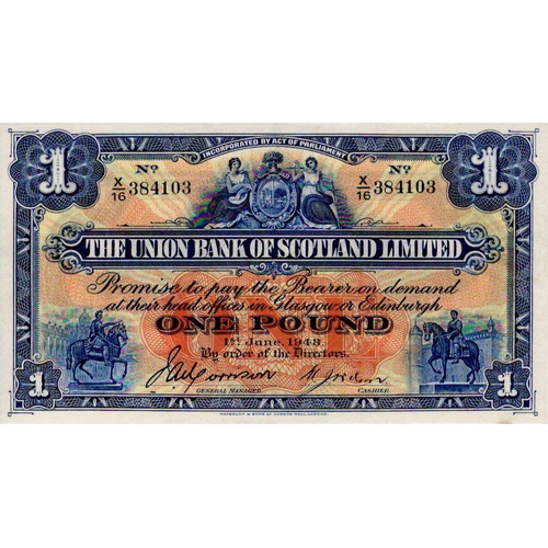 653 - Scotland, Union Bank 1 Pound dated 1st June 1948, LAST DATE of issue for this design, signed J. A. M... 