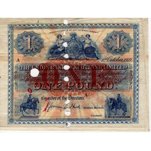 654 - Scotland, Union Bank 1 Pound dated 1st October 1921, PROOF note with numerous cancellation punched h... 