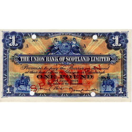 655 - Scotland, Union Bank 1 Pound dated 2nd June 1924, rare SPECIMEN note, 4 small punched cancellation h... 