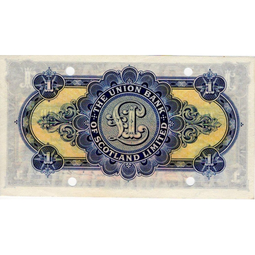 655 - Scotland, Union Bank 1 Pound dated 2nd June 1924, rare SPECIMEN note, 4 small punched cancellation h... 