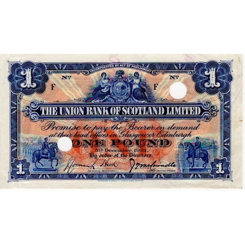 656 - Scotland, Union Bank 1 Pound dated 5th December 1931, PROOF note with 2 large cancellation punched h... 