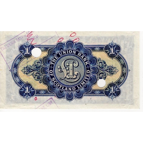 656 - Scotland, Union Bank 1 Pound dated 5th December 1931, PROOF note with 2 large cancellation punched h... 