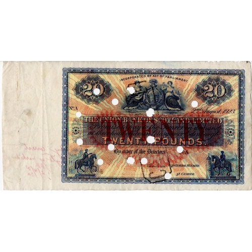 657 - Scotland, Union Bank 20 Pounds dated 2nd August 1923, printers PROOF with numerous cancellation punc... 