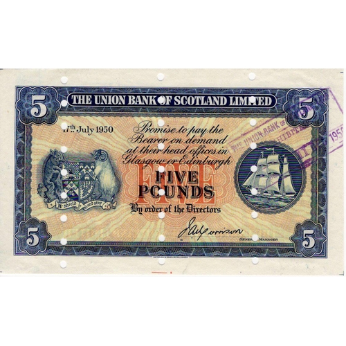 658 - Scotland, Union Bank 5 Pounds dated 17th July 1950, PROOF note with numerous cancellation punched ho... 