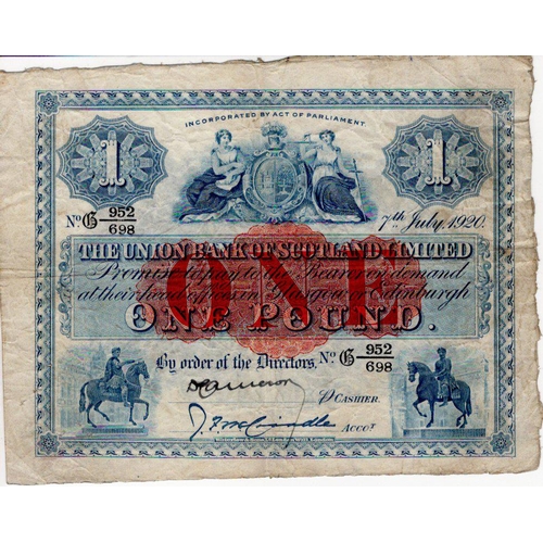 660 - Scotland, Union Bank Limited 1 Pound dated 7th July 1920, a very scarce early issue, signed J. F. Mc... 