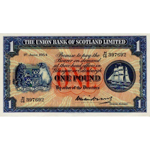 662 - Scotland, Union Bank of Scotland 1 Pound dated 1st June 1954, scarce LAST DATE of issue, signed Will... 