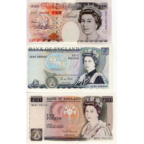 73 - Bank of England (3), FIRST & LAST RUNS and a mid series '01' Prefix, Kentfield 10 Pounds issued 1993... 