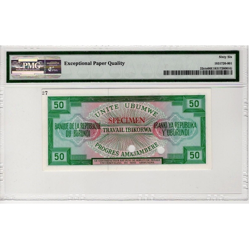 731 - Burundi 50 Francs COLOUR TRIAL SPECIMEN note dated 15th May 1968, serial A000000, 2 punched cancella... 