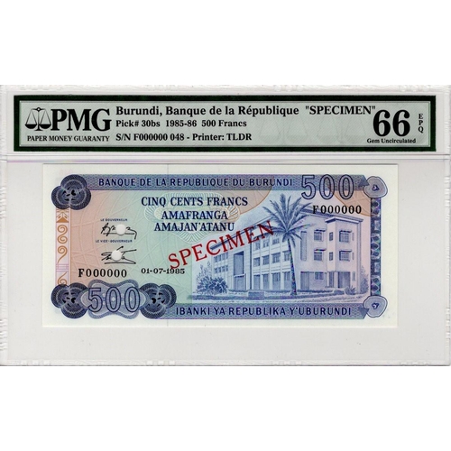 732 - Burundi 500 Francs SPECIMEN note dated 1st July 1985, serial F000000, 2 punched cancellation holes t... 