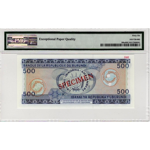 732 - Burundi 500 Francs SPECIMEN note dated 1st July 1985, serial F000000, 2 punched cancellation holes t... 