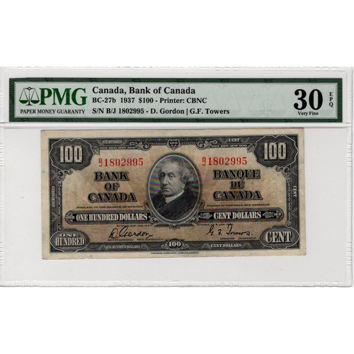 736 - Canada 100 Dollars dated 2nd January 1937, serial B/J 1802995 signed Gordon & Towers (TBB B327b, Pic... 