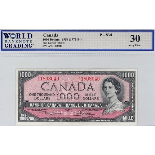 737 - Canada 1000 Dollars dated 1954, signed Lawson & Bouey, serial A/K 1808049, hard to find high denomin... 