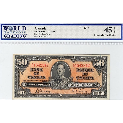 738 - Canada 50 Dollars dated 2nd January 1937, portrait King George VI at centre, signed Gordon & Towers,... 