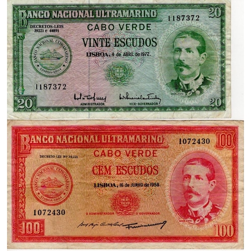 739 - Cape Verde (2), 100 Escudos dated 16th June 1958 (Pick49), 20 Escudos dated 4th April 1972 (Pick52a)... 